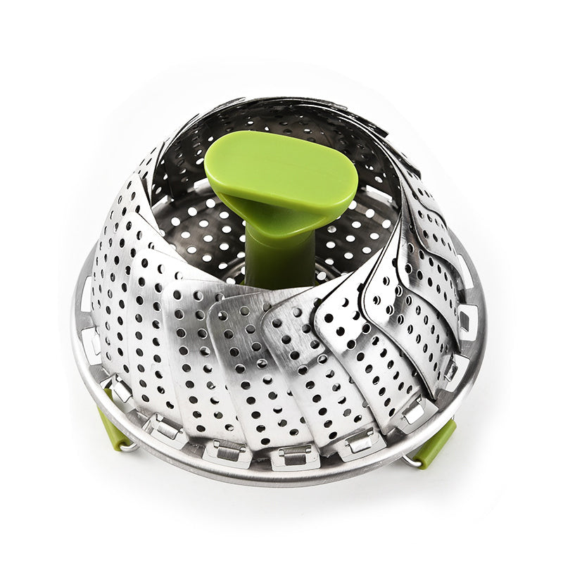 Steamer basket fully expanded, displaying its flexible design for different pot sizes, food prep tool