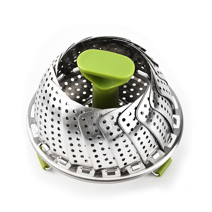 Steamer basket fully expanded, displaying its flexible design for different pot sizes, food prep tool