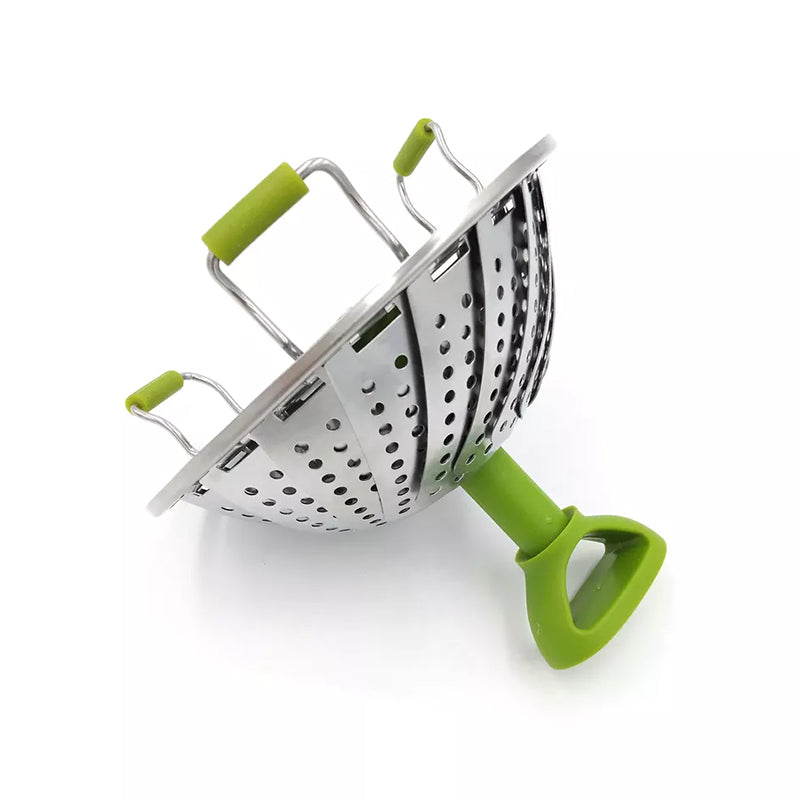 Stainless steel flower steamer basket resting in a pot, ready for steaming, efficient cooking accessory