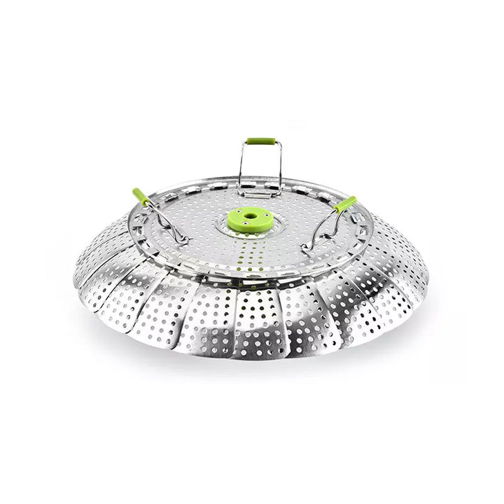Packaging of the flower-shaped stainless steel folding steamer basket, emphasizing its features on the box
