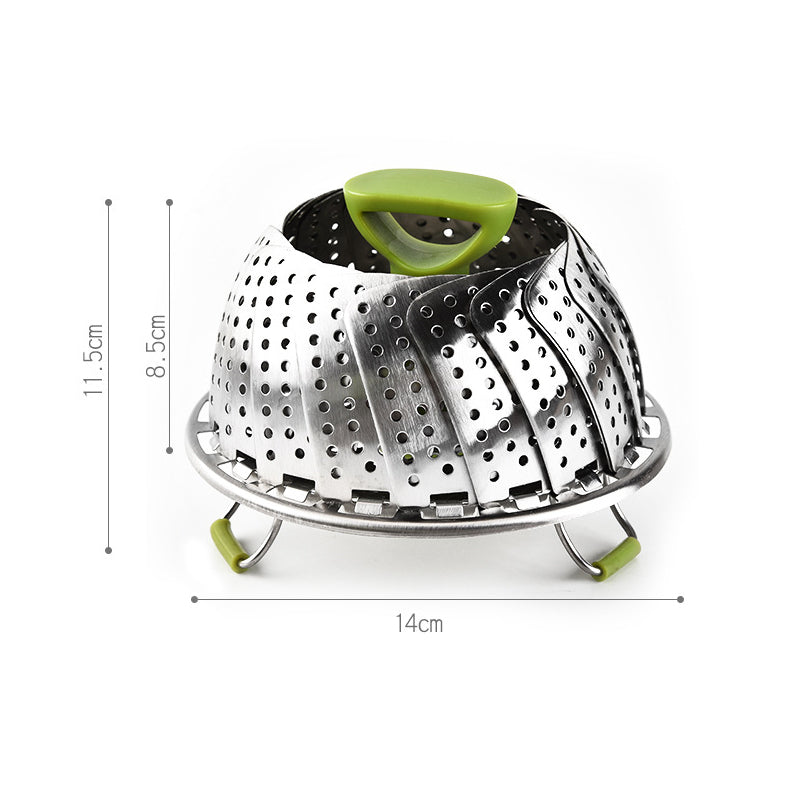 High-angle view of the shiny stainless steel steamer basket, a durable and attractive kitchen item
