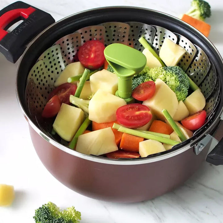 Multifunctional stainless steel steamer basket with a unique flower design, perfect for cookware collection