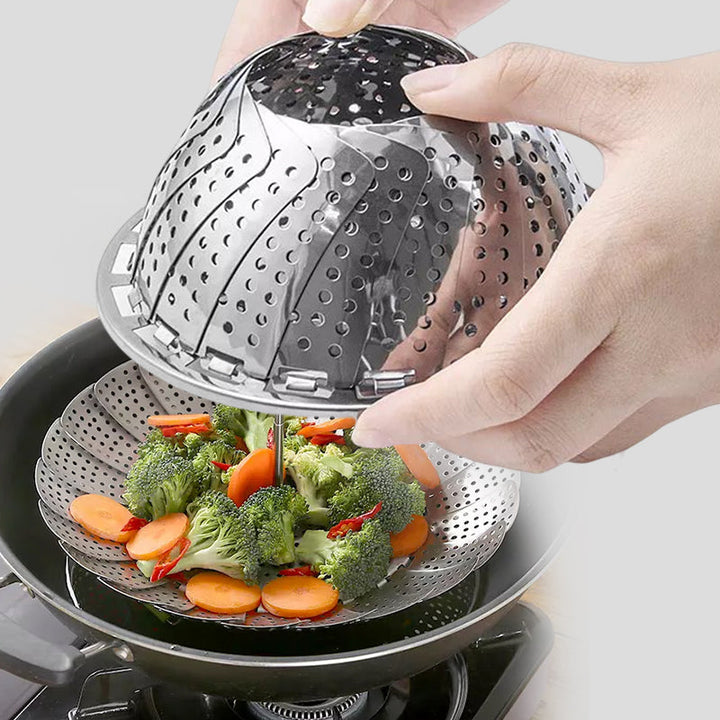 Stainless steel folding steamer basket open, showcasing its capacity for various foods, healthy cooking tool
