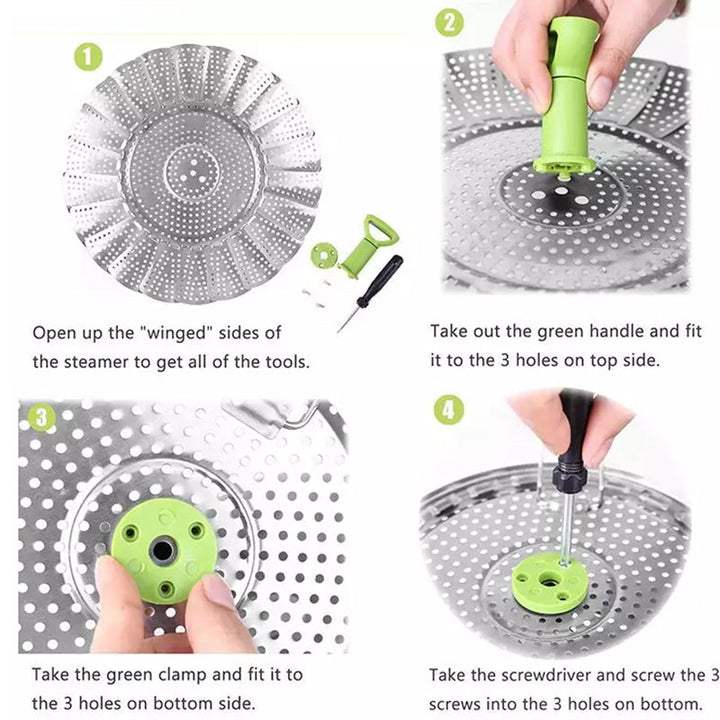 Compact, folded stainless steel steamer basket, easy to store and a versatile kitchen accessory