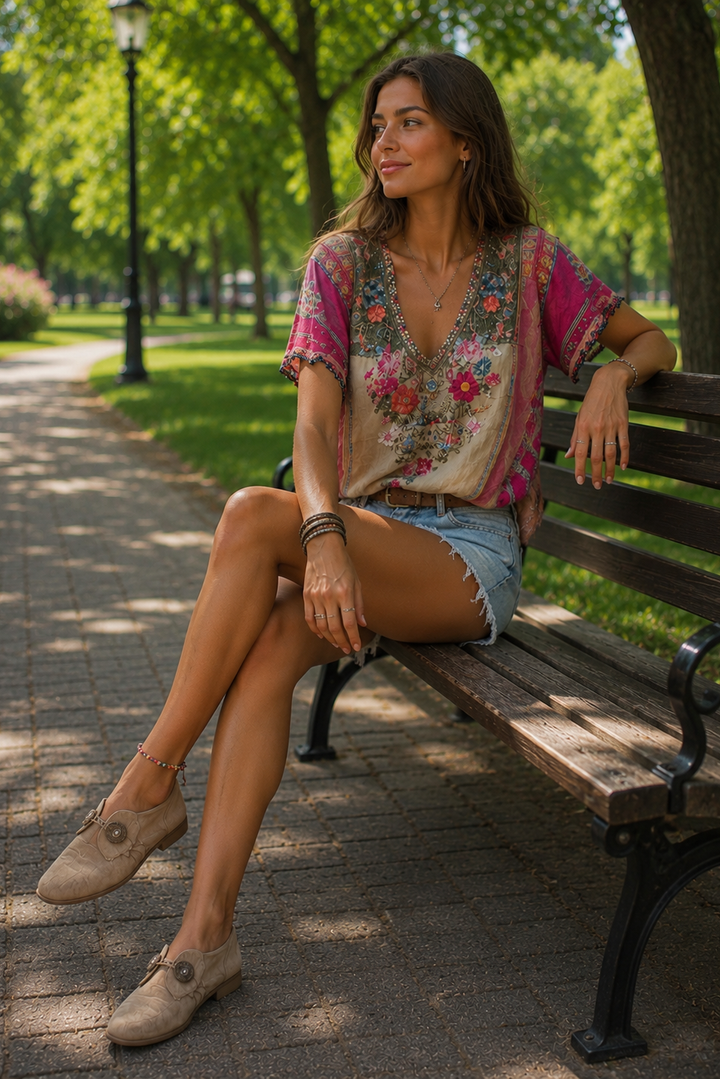 Comfortable women's casual top with a relaxed fit, ideal for versatile summer outfits & boho chic festival fashion.
