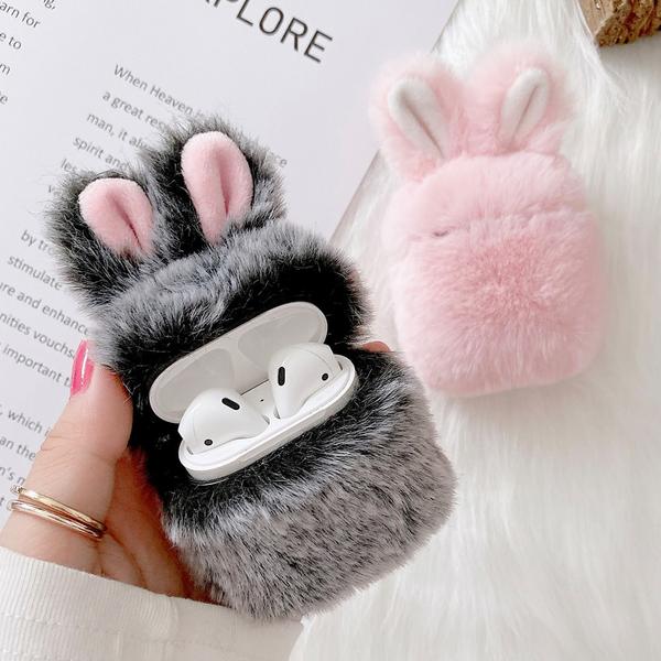 Fluffy grey earbud case, shockproof protective cover for earphones with keychain