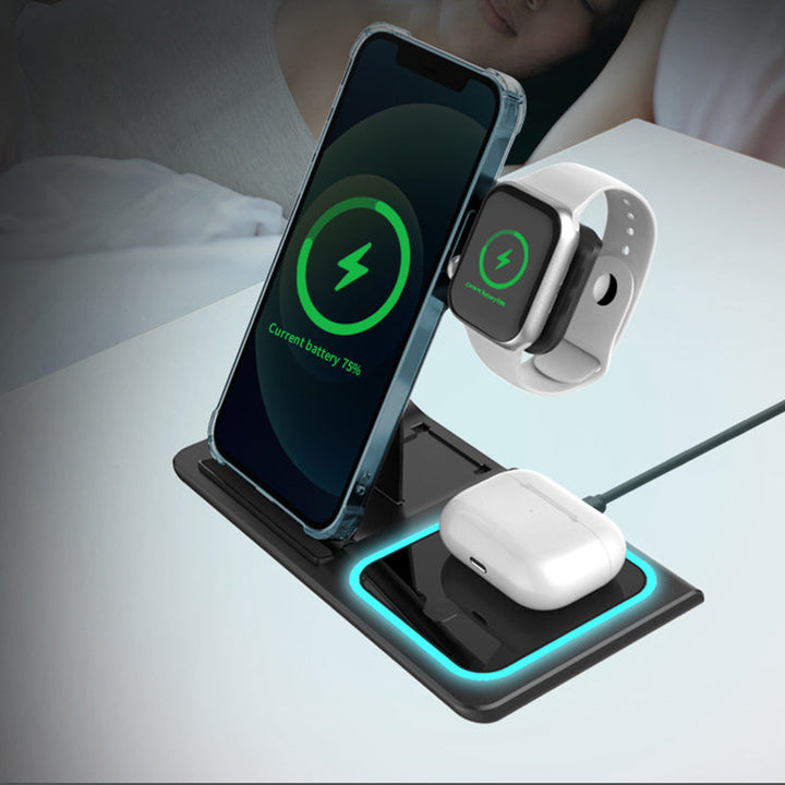 Product packaging for the 3-in-1 foldable wireless charging station, highlighting its features