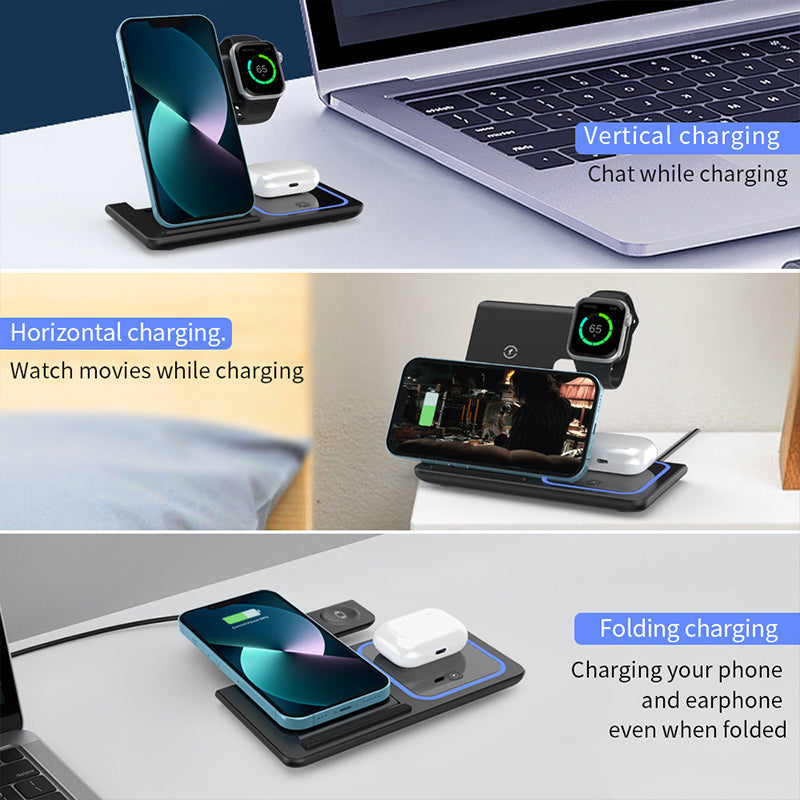 Versatile 3-in-1 wireless charging station unfolded, showing phone, watch, and earbud charging pads