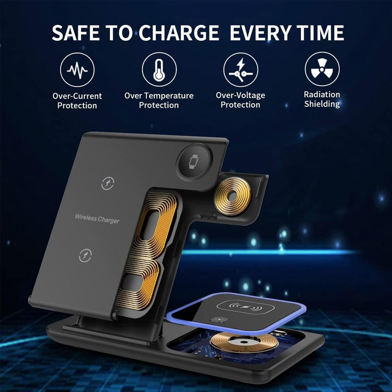 Angled view of a 3-in-1 foldable wireless charging station holding a phone upright for viewing