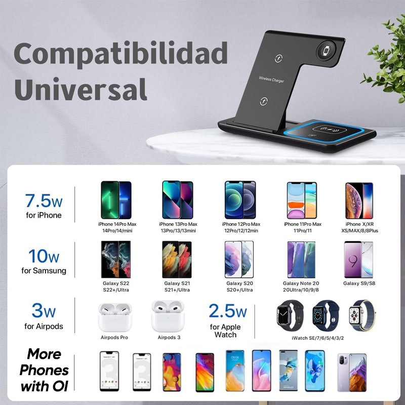Foldable 3-in-1 wireless charger in a home office setting, showing its compact footprint