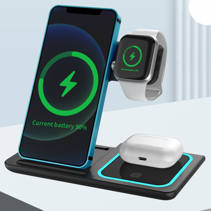 White 3-in-1 wireless charging station, a modern electronic charger for multiple devices