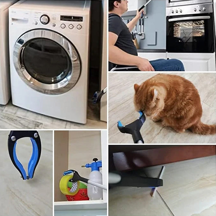 Compact folding grabber tool for reaching high shelves or dropped items, cleaning aid