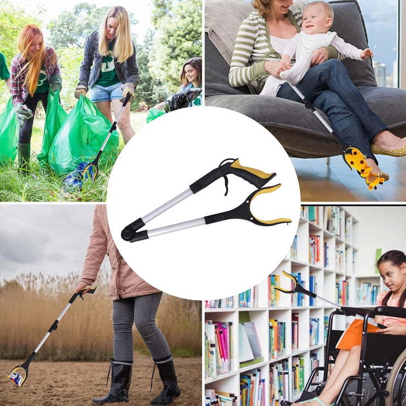 Long-handled folding grabber for garden and outdoor use, assists with light chores, reacher tool