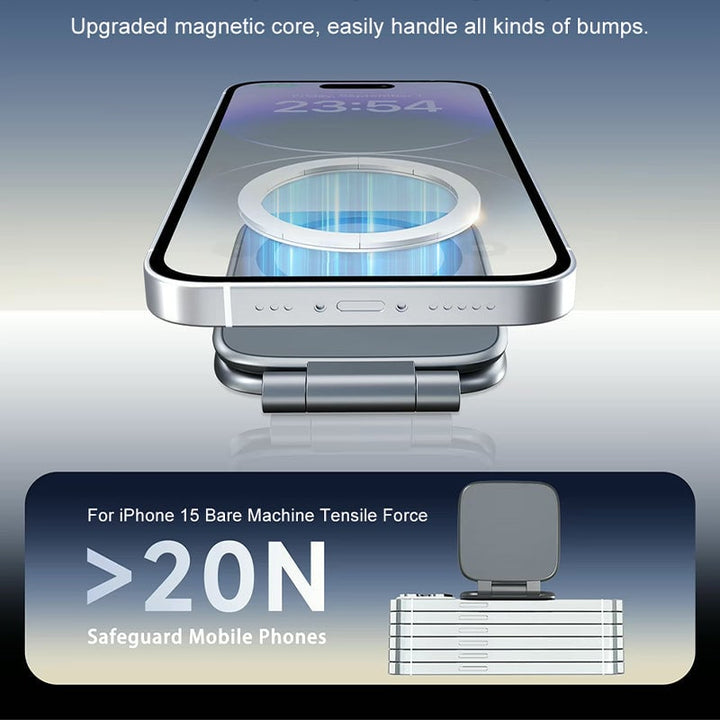 Magnetic phone holder extended from dashboard, profile view, durable universal car accessory