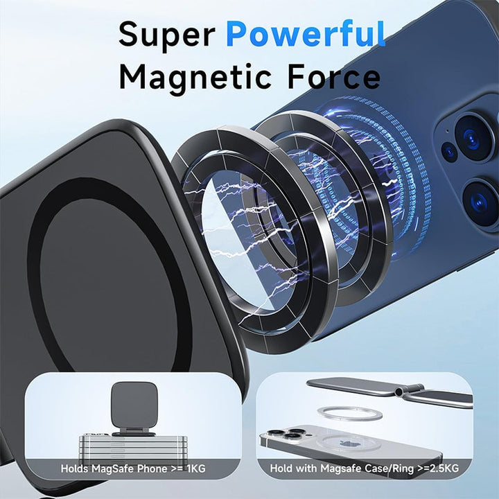 Black foldable magnetic phone mount attached to a car dash, secure and convenient smartphone holder
