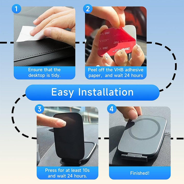 Magnetic car mount in a car interior, showing 360-degree rotation feature, universal phone holder