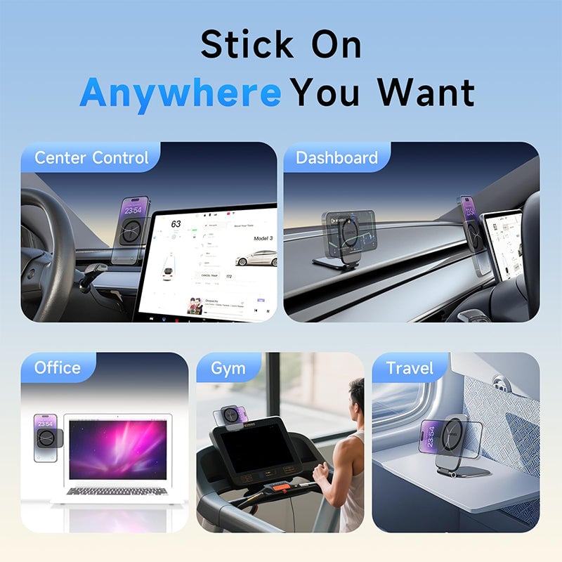 Foldable magnetic car phone mount, side view, compact design for dashboard, universal device holder