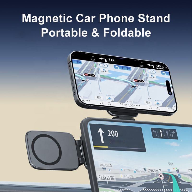 Close-up of universal magnetic car phone mount's strong magnet, secure smartphone attachment