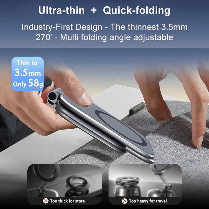 Magnetic dashboard phone mount for car, shown holding a smartphone, hands-free navigation accessory