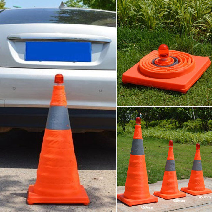 Foldable reflective safety cone with integrated LED light for roadside emergency visibility