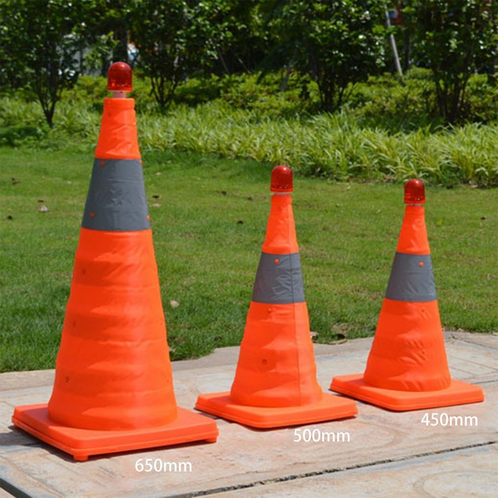 Roadside emergency kit item: bright orange foldable cone with reflective strips and LED light