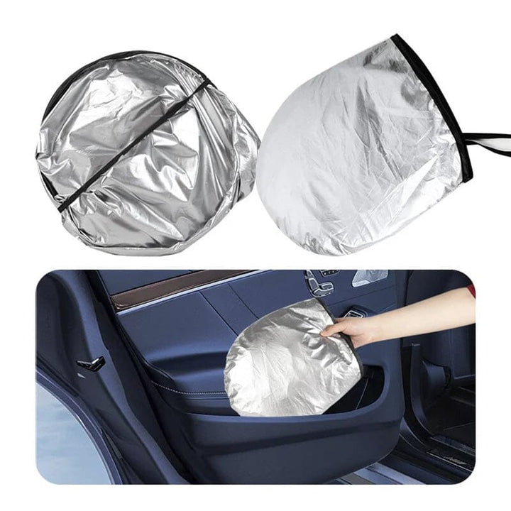 Car windshield sunshade & steering wheel cover combo, silver reflective, protects car interior from sun