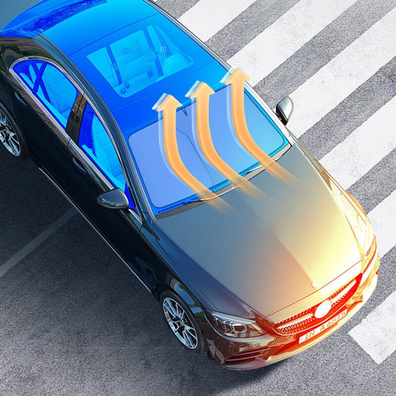 Auto shade for windshield with matching steering wheel cover, blocks UV rays, universal fit