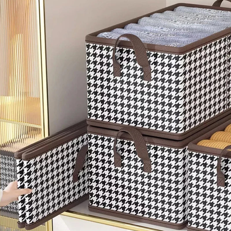 Compact foldable fabric storage box for clothing, designed as a drawer divider for home organization