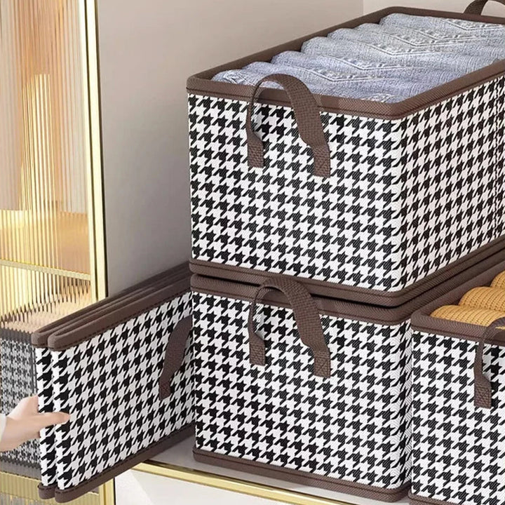 Compact foldable fabric storage box for clothing, designed as a drawer divider for home organization