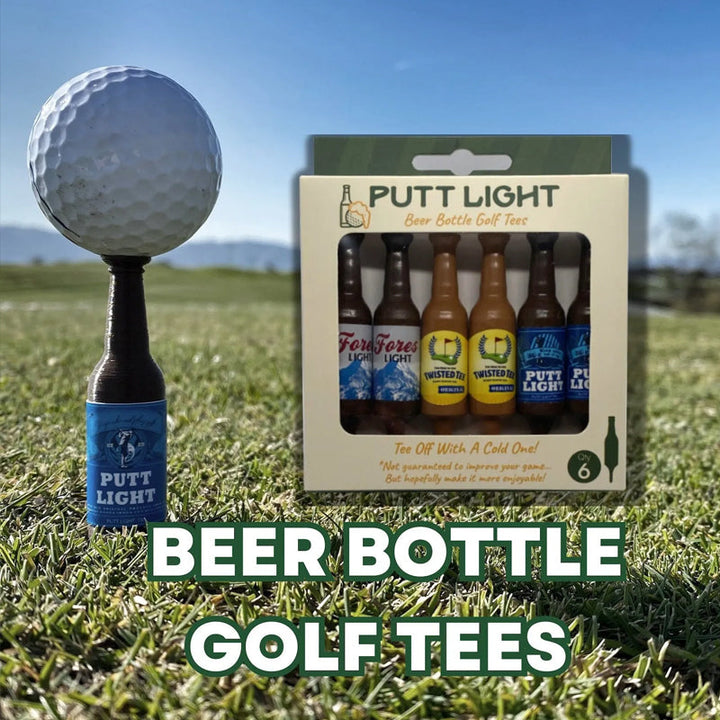 Four colorful novelty beer bottle golf tees arranged on a green, showing vibrant details for golfers.