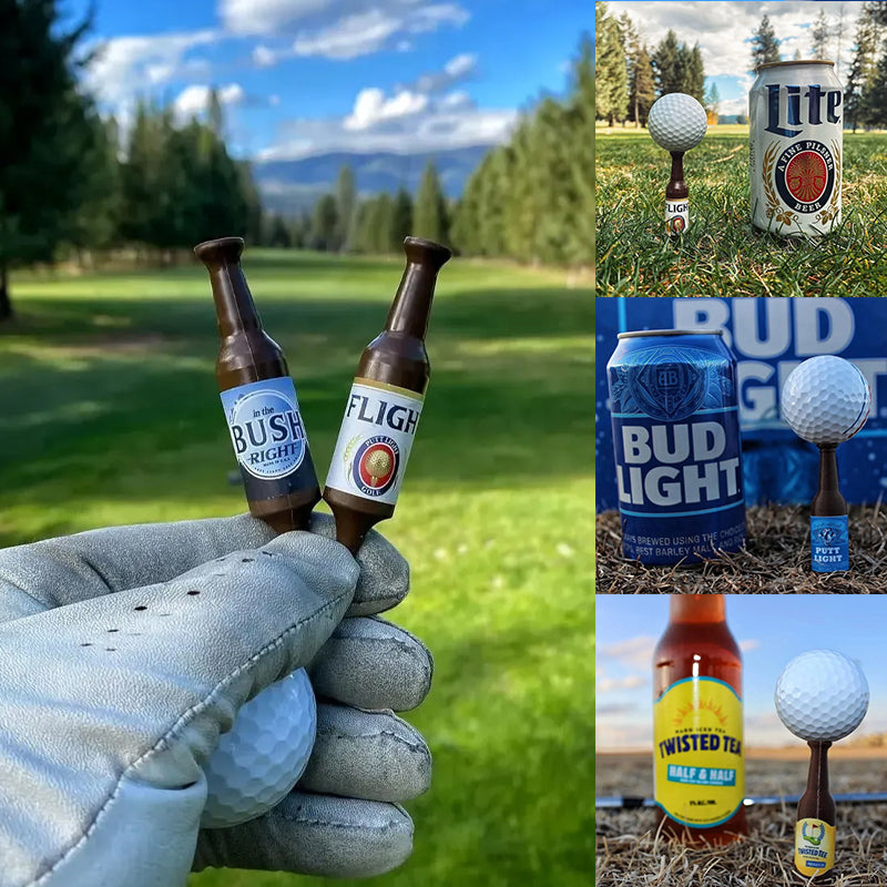 Close-up of a blue beer bottle golf tee, highlighting its durable construction and novelty design.