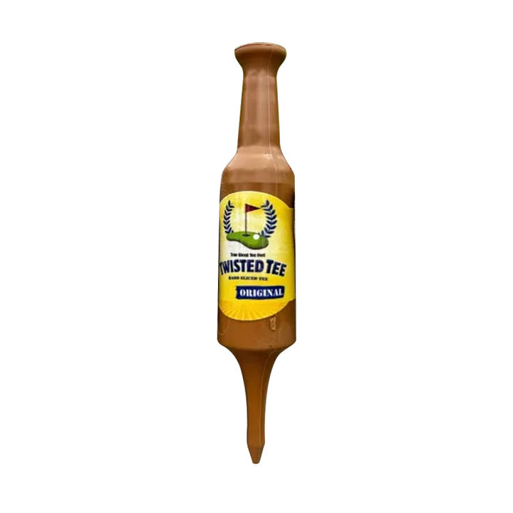 A hand holding a yellow novelty beer bottle golf tee, ready to be used on a golf course.