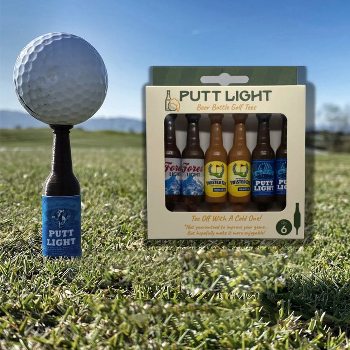 Collection of various colored novelty beer bottle golf tees, emphasizing their eco-friendly material.