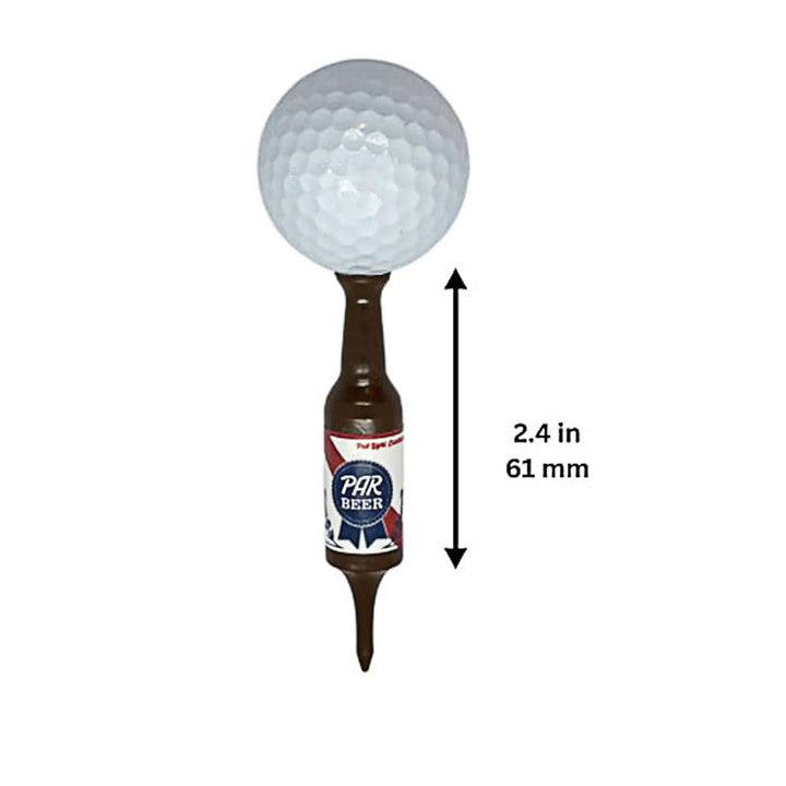 Assorted vibrant beer bottle golf tees scattered on a textured background, great golf accessories.