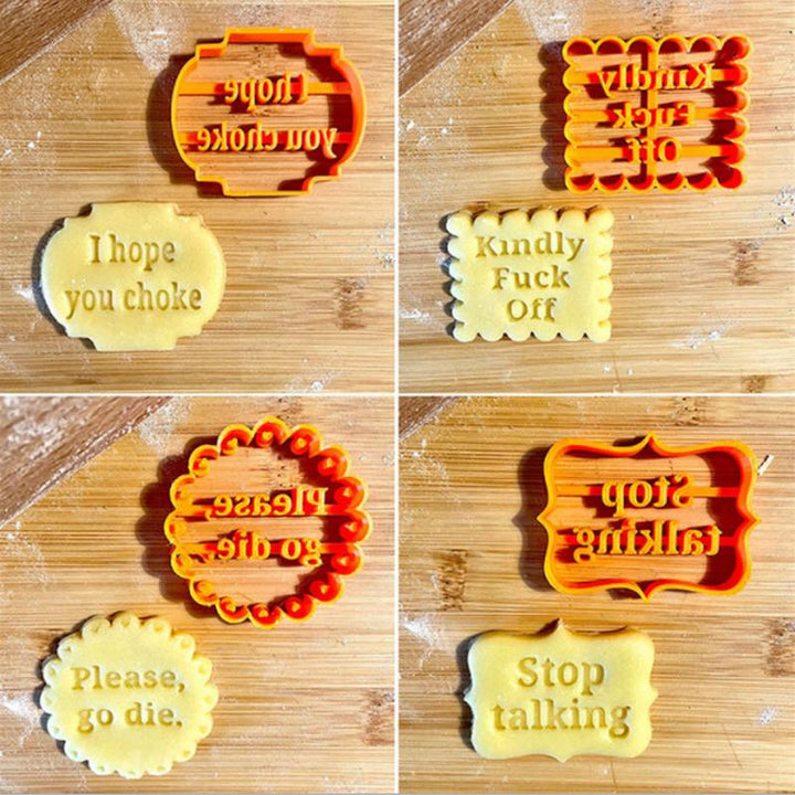 Fun phrase cookie molds in orange, a 4-piece plastic set for creative kitchen baking.