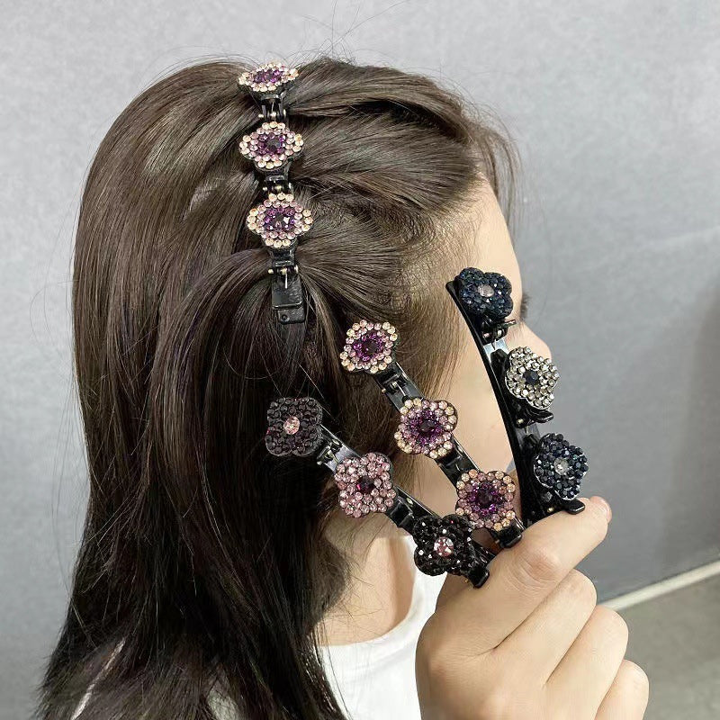 Four elegant braided hair clips featuring dazzling crystal and rhinestone details
