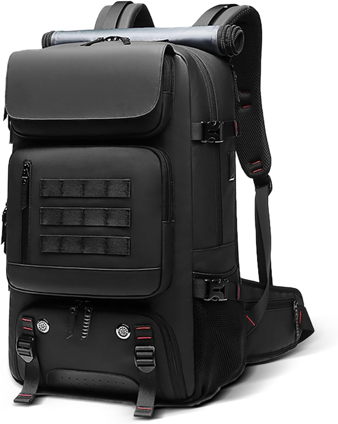 Front view of a black 50L unisex waterproof travel backpack with USB charging port, ideal for hiking & long trips.