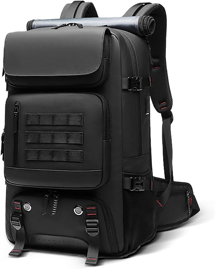 Front view of a black 50L unisex waterproof travel backpack with USB charging port, ideal for hiking & long trips.