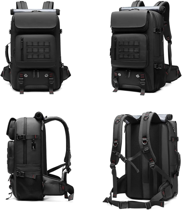 Side view of a 50L waterproof travel backpack, showcasing its dedicated shoe compartment & external USB port.
