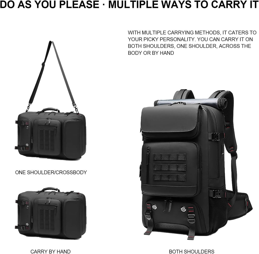 Open 50L unisex travel backpack, revealing spacious main compartment, laptop sleeve, and organized pockets for luggage.
