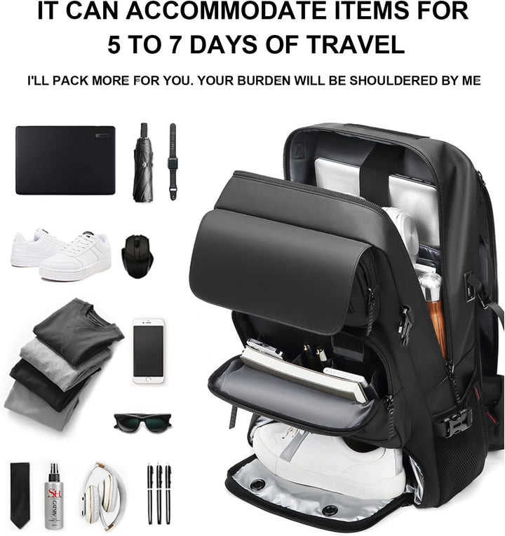 Back view of a 50L waterproof travel backpack with ergonomic padded shoulder straps & back panel for comfort.