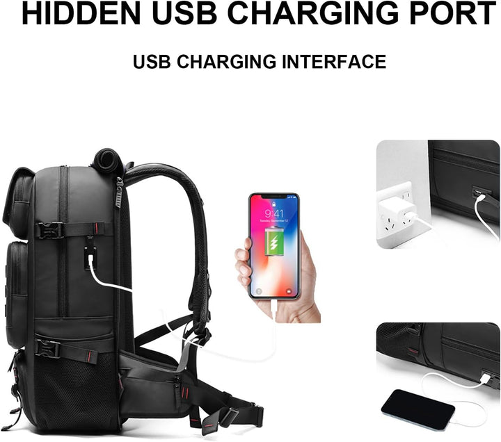 Durable 50L waterproof travel duffel backpack with USB port & shoe compartment, perfect for hiking & global adventures.