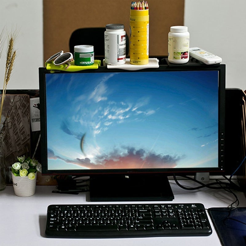 Image showing the simple installation of the Universal Monitor Top Shelf Desk Organizer on a computer screen.