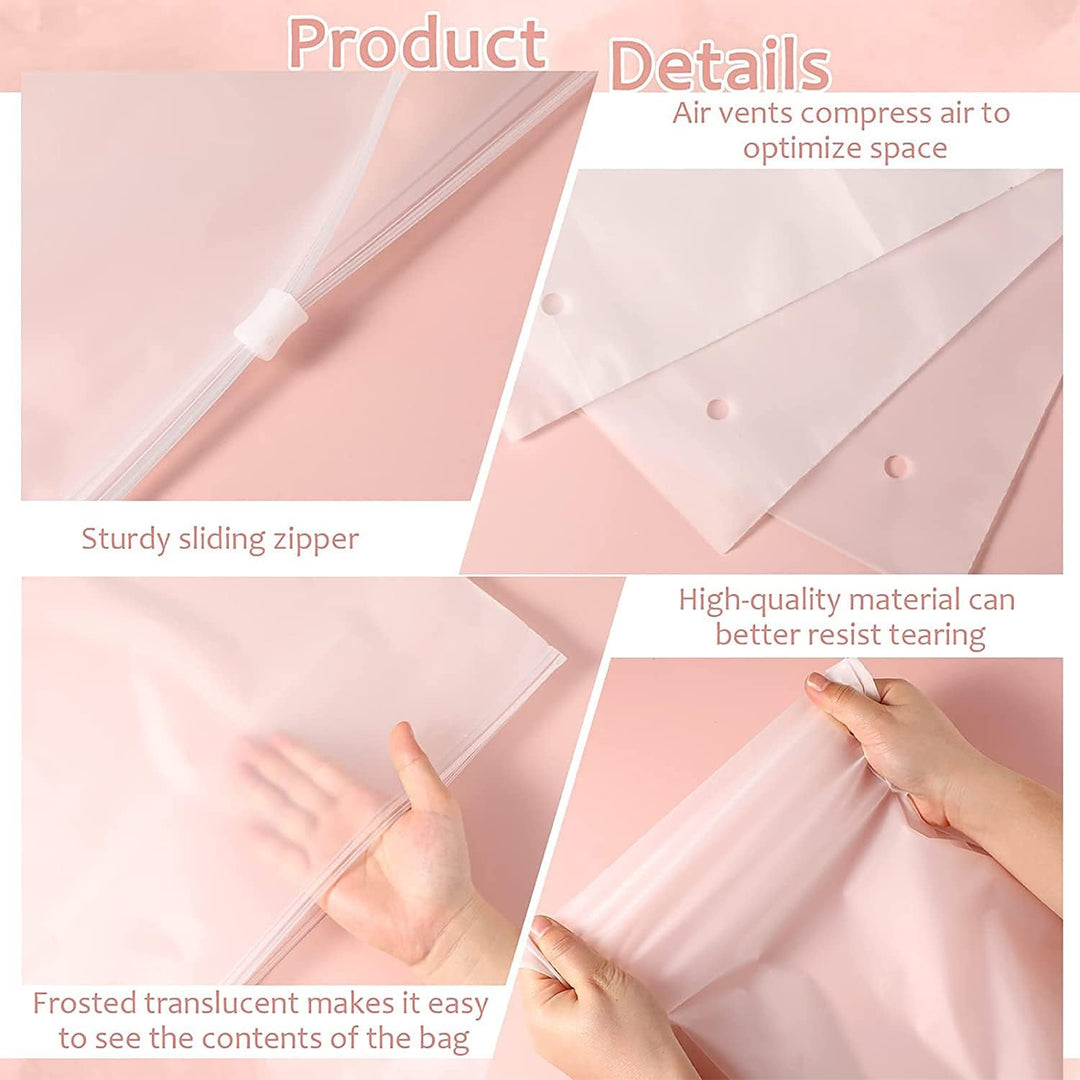 Reusable frosted storage bags with secure zip lock for garments & accessories.