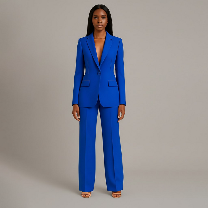 Women's business attire: a chic two-piece long formal suit, perfect for corporate environments.