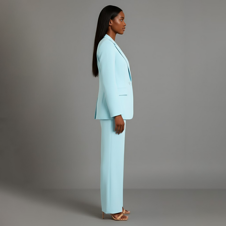 Dark navy women's tailored power suit, a long blazer and trousers, for confident business professionals.