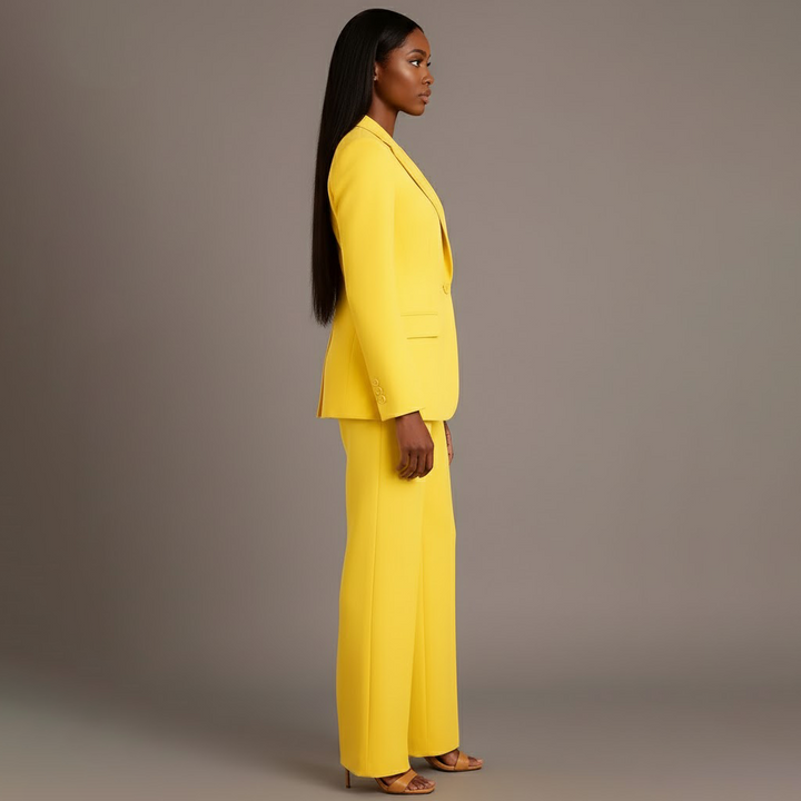 Dynamic pose in a women's long formal professional suit, conveying elegance and authority.