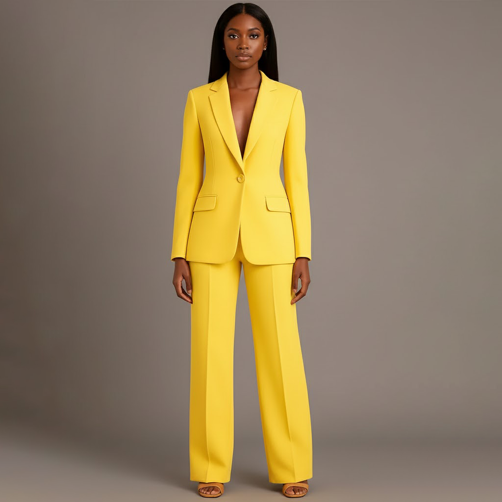 Sophisticated women's tailored suit in black, a two-piece set for enduring professional style.