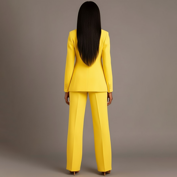 Front view of a women's elegant formal suit, a long tailored blazer and trousers for a commanding presence.