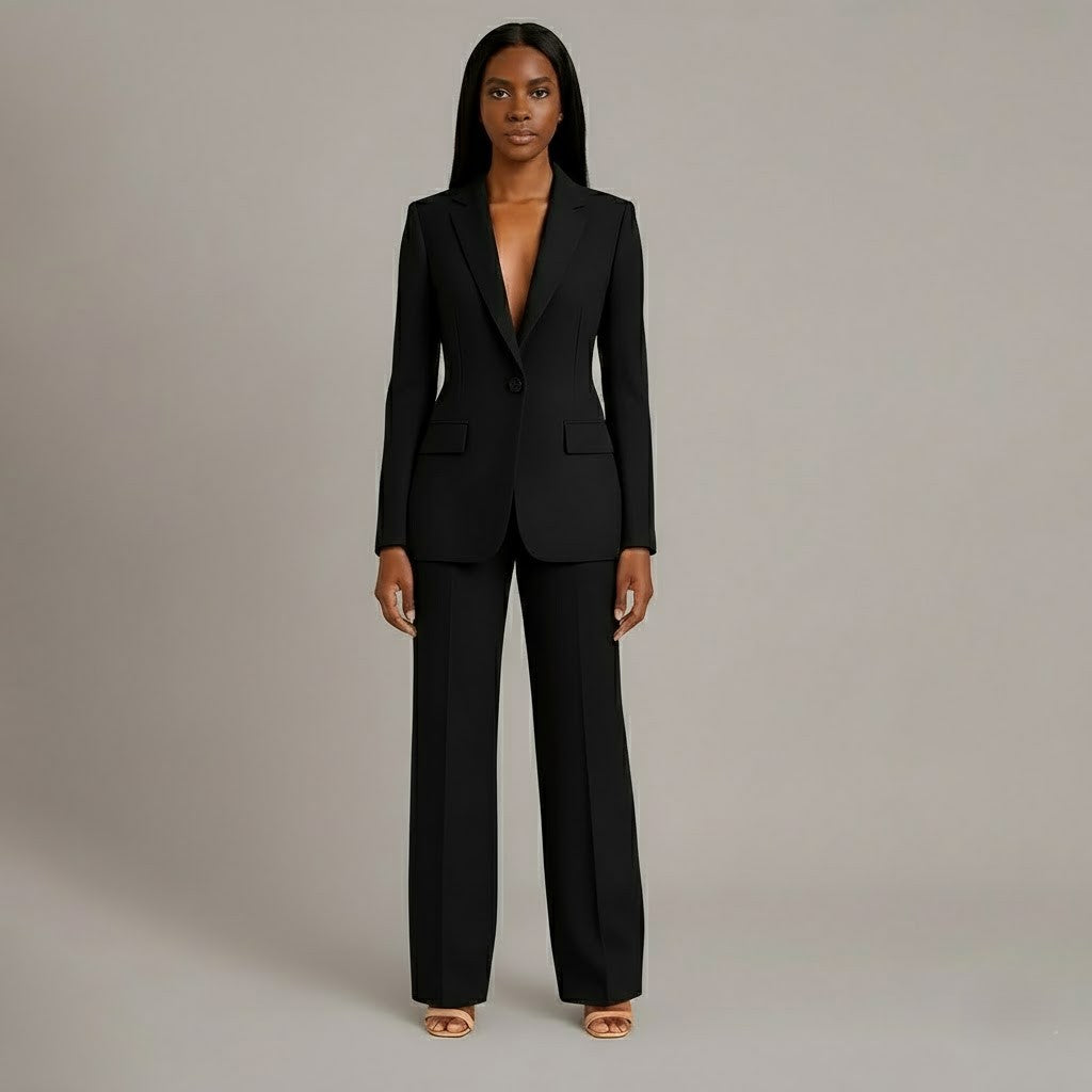 Professional women's blazer set with a sleek, long tailored design, suitable for business meetings.